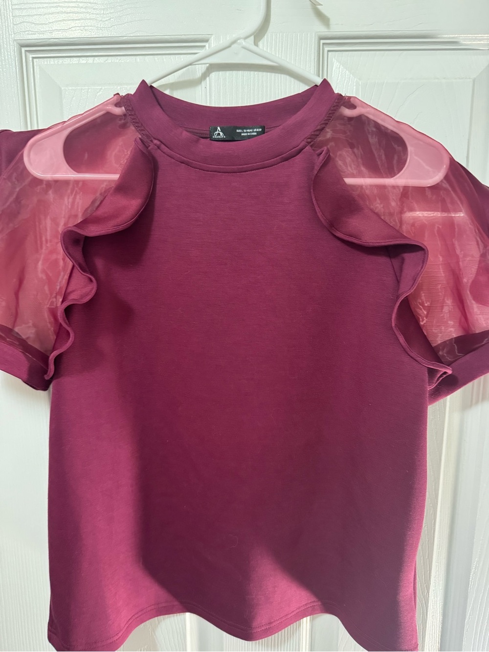 Magenta Ruffle Sleeve Sheer Top